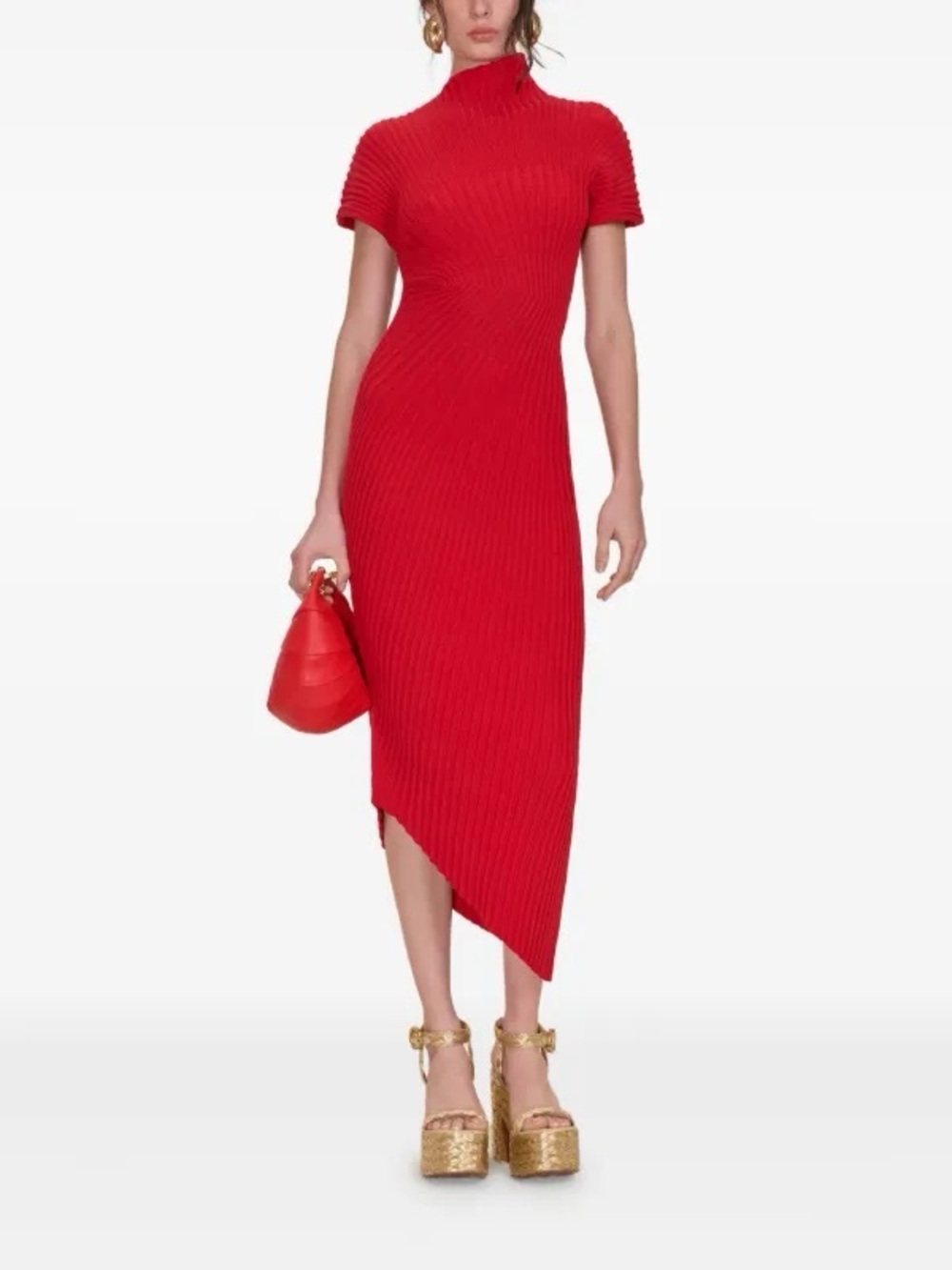 Cult Gaia Chrysta Knit Asymmetrical Midi Dress in Red
